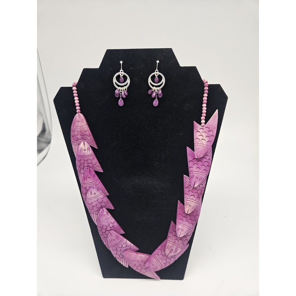 Purple Wood Fish & Bead Statement Necklace 25" Long W/ Purple Earrings